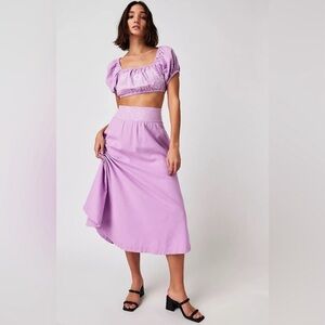 NWT Free People Lotus 2-Piece Set Embroidered Puff Sleeve Orchid/White size L